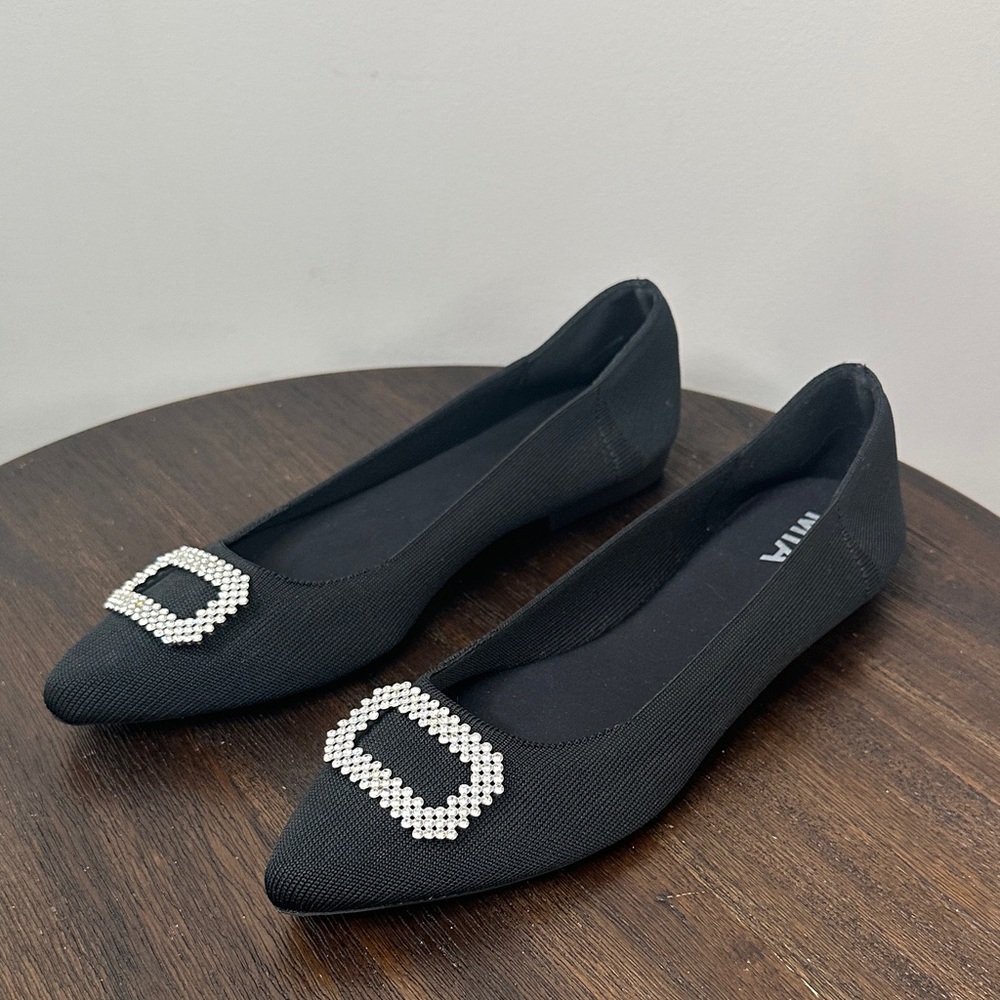 MIA Black Pointed Toe Slip On Ballet Flats with Silver Buckle